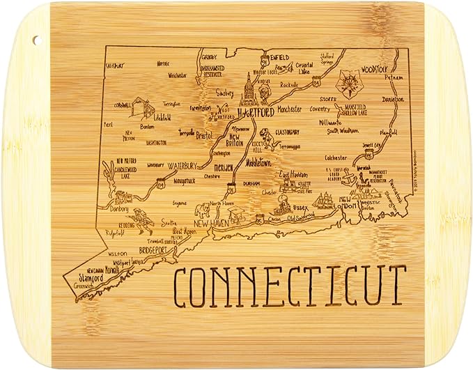 Image of bamboo cutting board with state of Connecticut and towns 2023